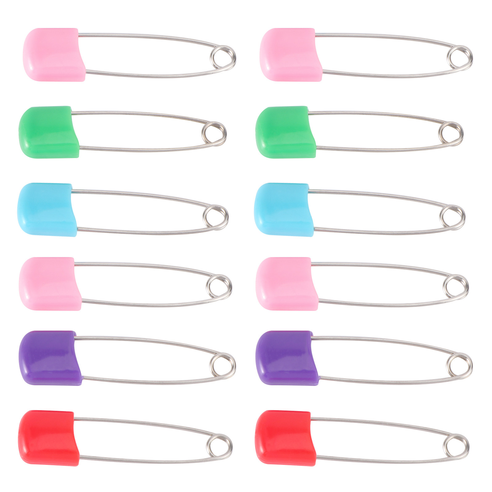 Head Pin Assorted - 12 個のベビーおむつピン防錆ステンレス鋼安全ピンプラスチックロックヘッドアソートカラー簡単オープンサイズ S
