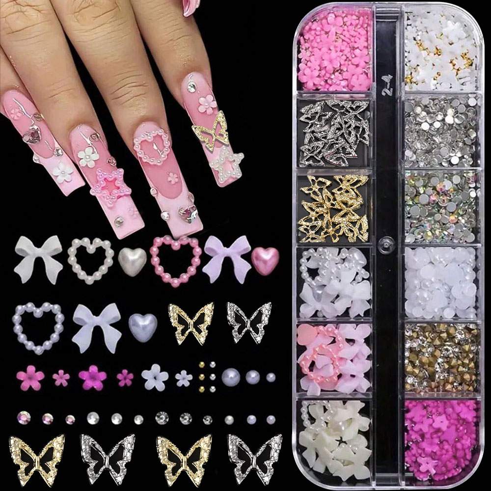 Crystal Bead Mix - 12 グリッドピンク白弓ネイルアートジュエリーパールダイヤモンド蝶混合ラインストーンネイルチャーム DIY ちょう結び宝石マニキュア装飾