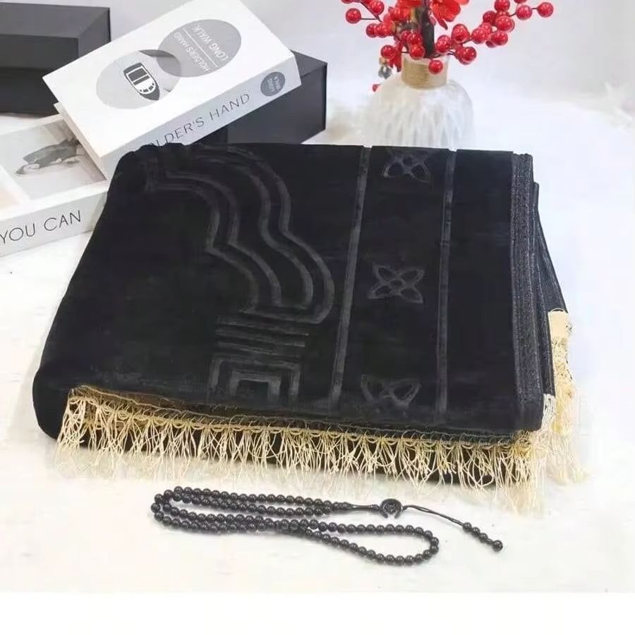 Bead Mat Velvet - 大型パッド入りムスリム礼拝マット ソフトベルベット表面 80x120cm イスラム礼拝用絨毯 旅行・家庭用 祈りの数珠付き