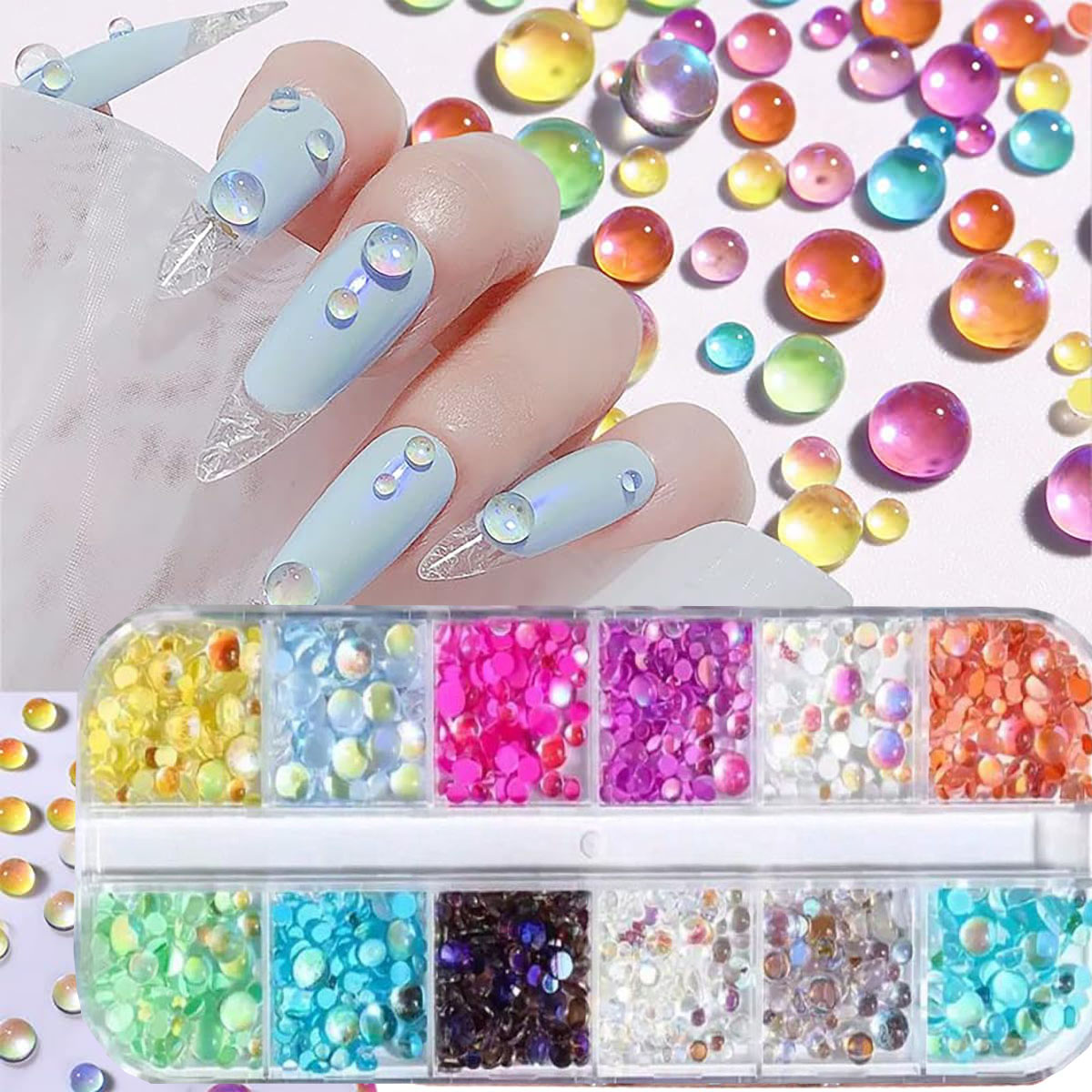 Crystal Bead Mix - 1 ボックスキャンディーカラー混合サイズマーメイドラウンドビーズネイルチャームガラスクリスタルビーズ半球 3D ネイルラインストーンかわいい飾り