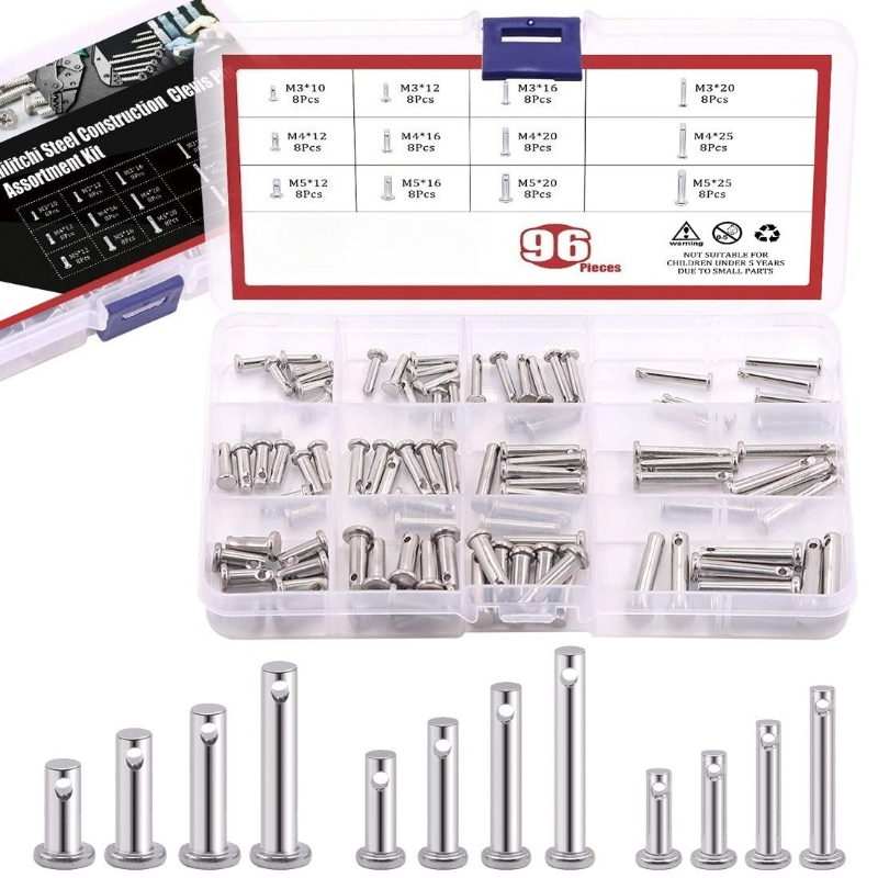 Head Pin Assorted - 96個入り 304ステンレス鋼 メトリック穴付きクレビスピン詰め合わせキット リンクヒンジピン 平頭円筒ピン M3