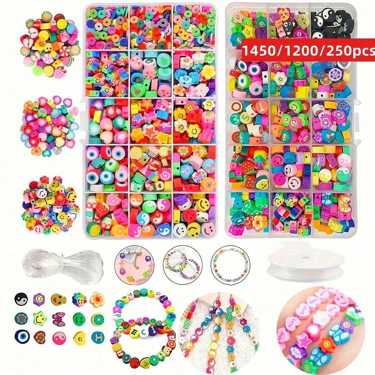 Jewelry Making Birthday Party - 1450/1200/250個入りポリマークレイビーズセット、ボックス、ゴム紐束、DIYジュエリー製作、イヤリング、ブレスレット、ネックレス