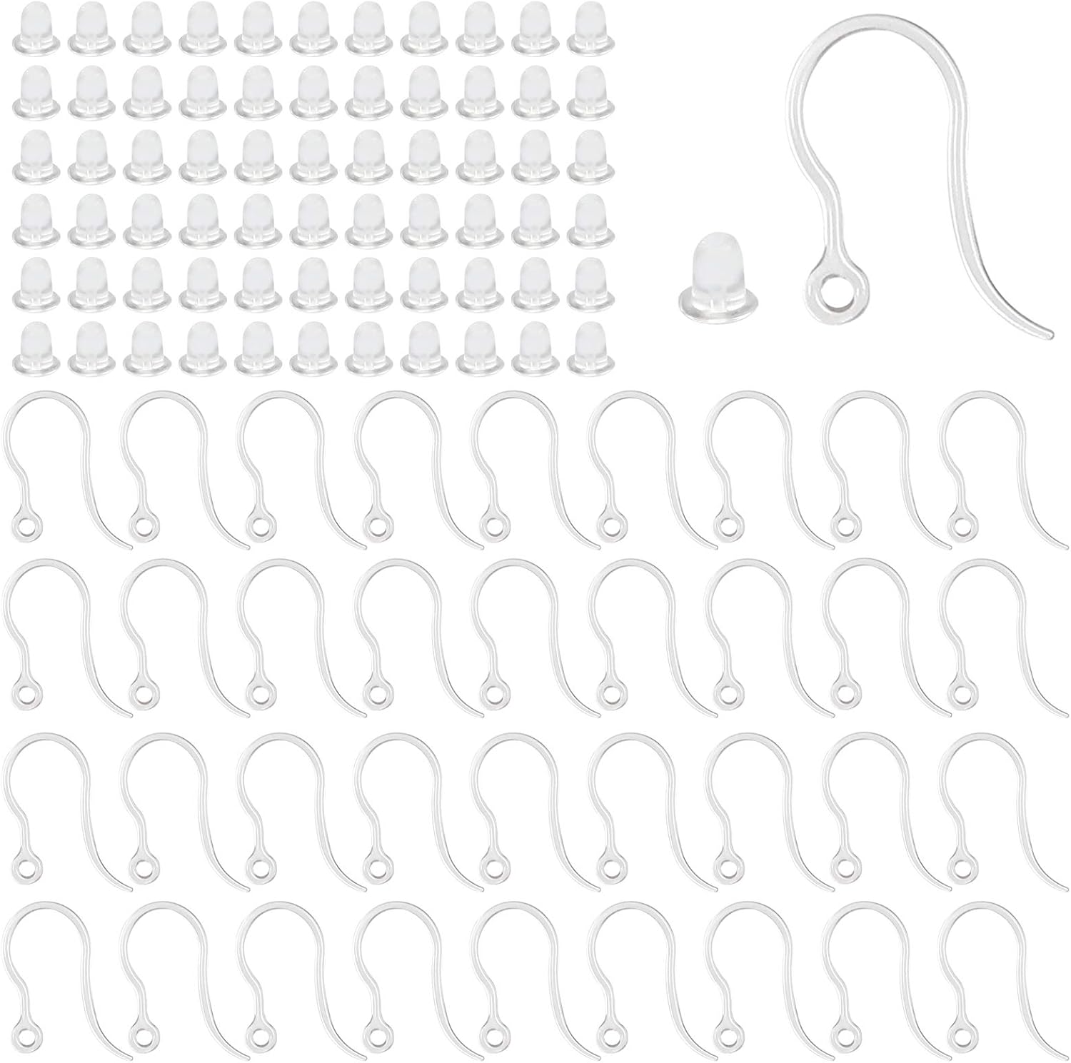 Jewelry Making Kit For Adults - 40個の透明なプラスチック製イヤリングフック、ループ付きイヤーワイヤー、透明なイヤリングストッパー付きフレンチフィッシュフック、DIYジュエリー製作用