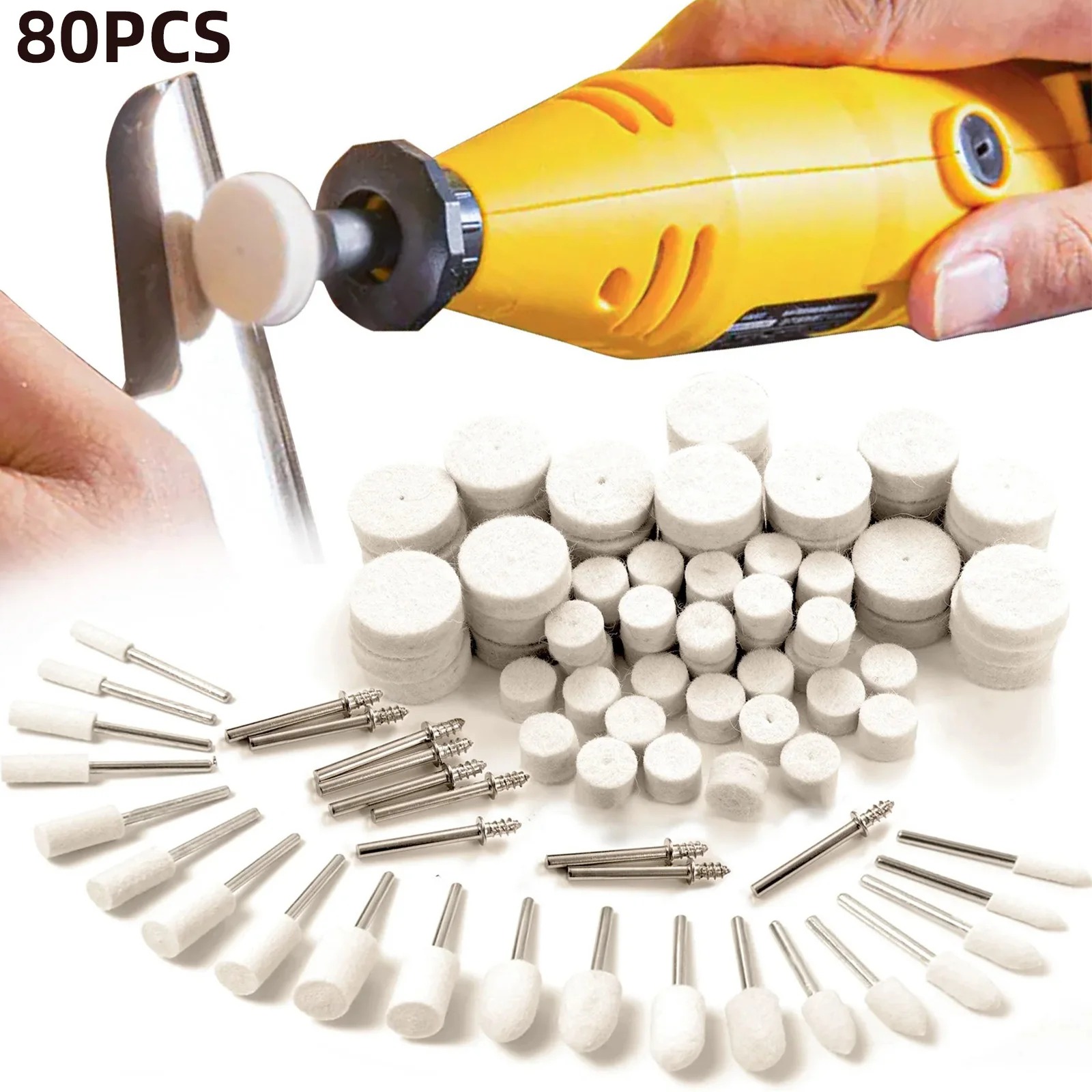Jewelry Making Equipment - 80個入りウールフェルトバフ研磨ホイールキット、1/8インチシャンク回転工具研磨ホイール、金属、ジュエリー、木材、プラスチック、樹脂用