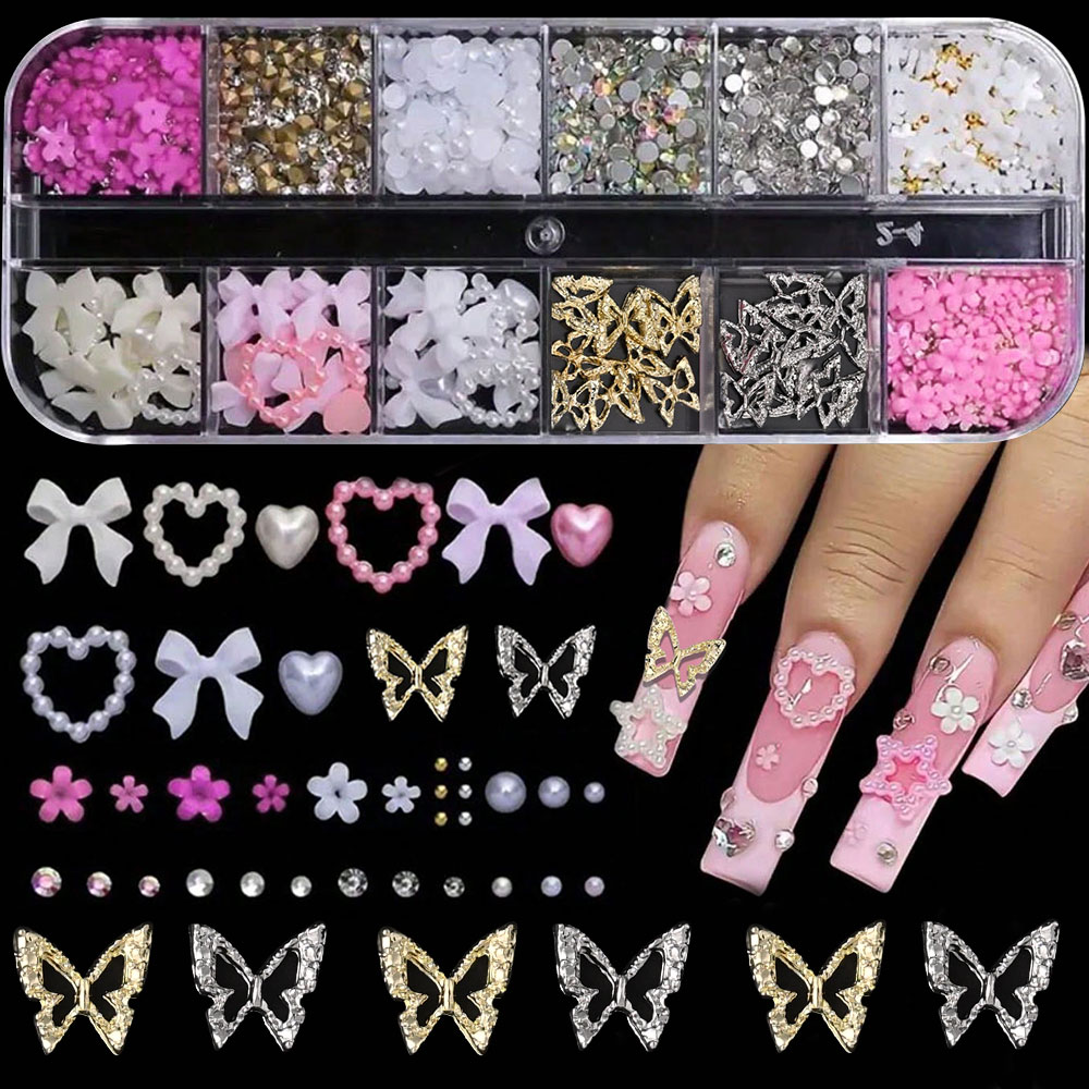 12 グリッドピンク白弓ネイルアートジュエリーパールダイヤモ - Crystal Bead Mix のレビューと価格