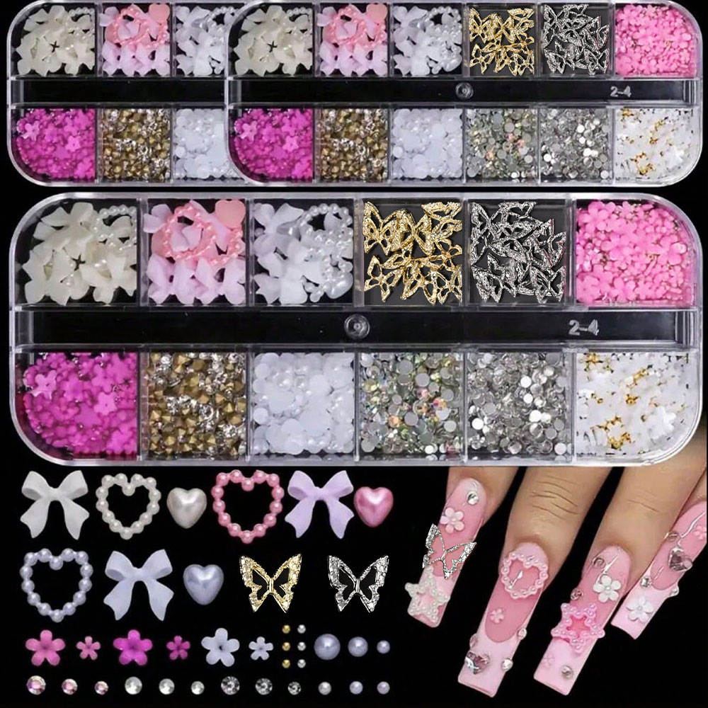 12 グリッドピンク白弓ネイルアートジュエリーパールダイヤモ - Crystal Bead Mix のレビューと価格