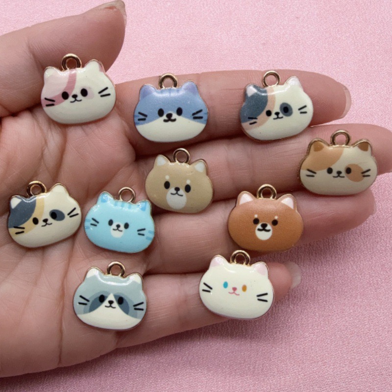 12個入りプリント猫ヘッド合金ドリップオイルペンダント、DI - Jewelry Making Birthday Party のレビューと価格
